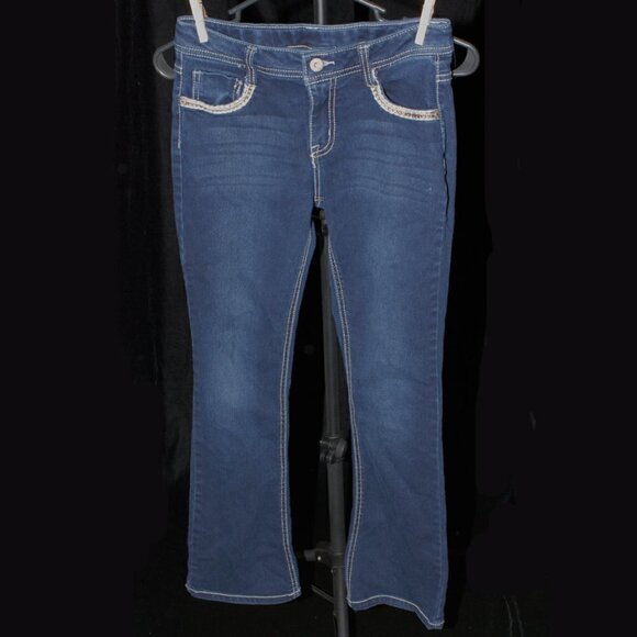 Faded Glory Dark Blue Jeans Size 12 Girls Flared Bottoms Stitched Pocket Design - Picture 1 of 7